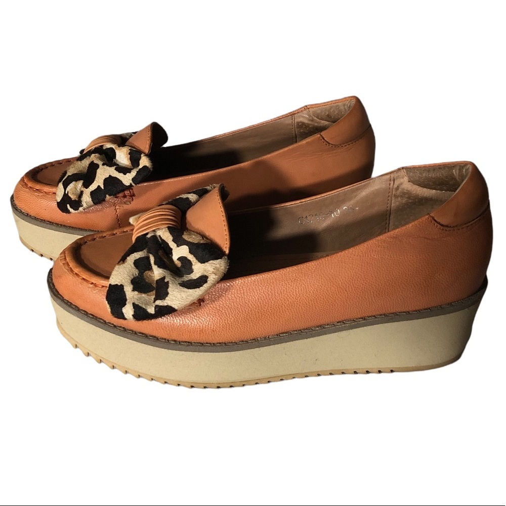 𝅺Vintage Chunky Platform Wedge Leopard Hair Calf Leather Loafer Sneakers Tan